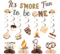 Sursurprise Décorations pour le premier anniversaire S'more, bannière « It's S'more Fun To Be One », centres de table en nid d'abeille, spirales suspendues pour la décoration du premier anniversaire