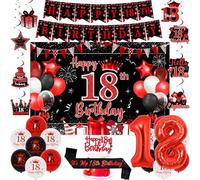 Sursurprise Décorations rouges et noires pour 18e anniversaire pour garçon et fille, bannière « Happy 18th Birthday », décoration de gâteau, tourbillons à suspendre, écharpe, ballons en forme de