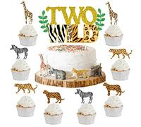 Sursurprise Deux décorations de gâteau sauvages animaux de la jungle Cupcake Toppers, Safari Animal deuxième anniversaire décorations Zoo sur le thème 2e anniversaire fête gâteau fournitures