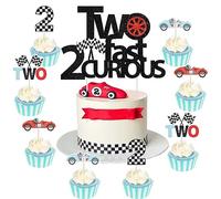 Sursurprise Deux Quick two Curious birthday decor, 25pcs deux Quick two Curious cake tops Vintage Racing Cupcake tops garçon 2ème anniversaire Let's go Racing Party Supplies