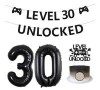 Sursurprise Level 30 Unlocked Birthday Decorations, Level 30 Unlocked Banner Cake Topper Number 30 Balloons for Gamer 30th Birthday Party Decorations, Video Game Birthday Party Supplies