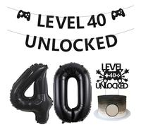 Sursurprise Level 40 Unlocked Birthday Decorations, Level 40 Unlocked Banner Cake Topper Number 40 Balloons for Gamer 40th Birthday Party Decorations, Video Game Birthday Party Supplies