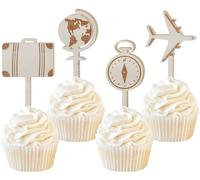 Sursurprise Lot de 16 décorations de cupcakes en bois sur le thème du voyage en forme de valise d'avion pour voyage, aventure, fête d'anniversaire, fête prénatale