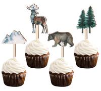 Sursurprise Lot de 16 décorations en bois pour cupcakes sur le thème de l'aventure - Forêt et montagne - Décorations de fête prénatale - Fournitures de fête d'anniversaire