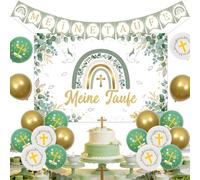 Sursurprise Mon Baptême Kit Déco Vert Arc-en-ciel Bohème, Fond de Avec Croix Eucalyptus Colombes, Bannière, Ballons en Latex, Fête Bébé Garçon Fille