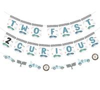 Sursurprise Two Fast Two Curious Birthday Decorations for Boy, Two Fast 2 Curious Banner Race Car Banner Vintage Blue Racing Car 2nd Birthday Party Supplies