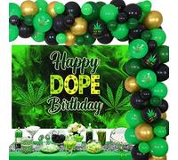 Sursurprise Weed Birthday Party Decorations for Adults, Marijuana Balloon Garland Arch Kit with Happy Dope Birthday Backdrop for Men or Women 420 Pot Leaf Bday Party Supplies