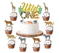 Sursurprise Wild One Cake Topper Jungle Animaux Cupcake Toppers, Léopard Guépard Premier Anniversaire Décorations Jungle Safari Zoo Thème Fête Gâteau Fournitures 25 Pack
