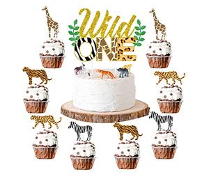 Sursurprise Wild One Cake Topper Jungle Animaux Cupcake Toppers, Léopard Guépard Premier Anniversaire Décorations Jungle Safari Zoo Thème Fête Gâteau Fournitures 25 Pack