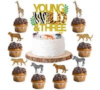 Sursurprise Young Wild & Three Cake Topper Jungle Animals Cupcake Toppers, Safari Jungle Animal Print Joyeux 3e anniversaire Cake Decor, Troisième anniversaire Décorations de fête 25 Pack