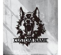 Survalue Panneau en métal personnalisé avec loup hurlant - Décoration murale en métal - Motif loup sur le croissant de lune - Panneau de nom de famille personnalisé - Panneau de chasse - Cadeau de