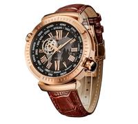 SURVAN WatchDesigner Suisse Montre Automatique pour Homme Horaire International avec mécanisme Squelette 18K plaqué Or Bracelet en Cuir véritable