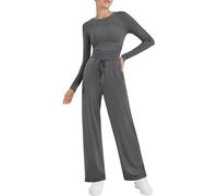 Survêtement 2 pièces pour femme, jambe large, tenue décontractée pour sortir, tenue décontractée, tunique à manches longues et pantalon de détente, tenue ultra douce, tenue quotidienne, gris foncé, S
