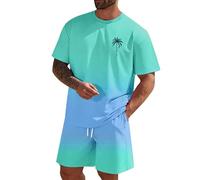 Survêtement 2 pièces pour homme avec chemise et short d'été à manches courtes - T-shirt ample respirant - Imprimé noix de coco - Dégradé - Tenue de plage avec poches - Grandes tailles XS-6XL, bleu