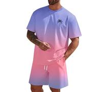 Survêtement 2 pièces pour homme avec chemise et short d'été à manches courtes - T-shirt ample respirant - Imprimé noix de coco - Dégradé - Tenue de plage avec poches - Grandes tailles XS-6XL, violet