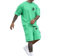 Survêtement 2 pièces pour homme - Manches courtes - Col rond - T-shirt et short cargo - Avec poches - Vêtement de sport avec imprimé - Survêtement de sport décontracté surdimensionné - Vêtement de