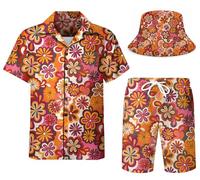 Survêtement 3 pièces pour homme avec col cubain, chemise hawaïenne, short et boutons avec chapeau cloche, Couleur -07, S