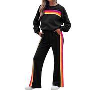 Survêtement à rayures arc-en-ciel for femme | Ensemble détente 2 pièces avec pantalon de survêtement taille haute | Sweat-shirt color block(B-black,Large)