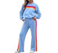 Survêtement à rayures arc-en-ciel for femme | Ensemble détente 2 pièces avec pantalon de survêtement taille haute | Sweat-shirt color block(B-sky Blue,Medium)