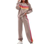 Survêtement à rayures arc-en-ciel for femme | Ensemble détente 2 pièces avec pantalon de survêtement taille haute | Sweat-shirt color block(Khaki,Large)