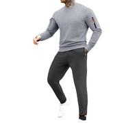 Survêtement athlétique 2 pièces pour homme avec manches longues et col rond et pantalon de jogging en coton mélangé avec poches, E-gris clair, L