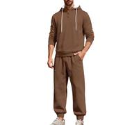 Survêtement athlétique 2 pièces pour homme - Pull à capuche en coton mélangé - Patch au coude - Avec cordon de serrage 1/4 de bouton, marron, L