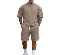 Survêtement complet pour homme avec short et t-shirt à col rond avec cordon de serrage à la taille élastique, short cargo confortable et ample pour gym, motard, course à pied