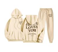 Survêtement confortable et décontracté pour femme - Avec capuche - Taille élastique - Deux pièces - Sportif - Minimaliste - Inscription - Poches latérales - Tenue de loisirs - Coupe droite - Pour la