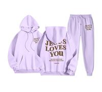 Survêtement confortable et décontracté pour femme - Avec capuche - Taille élastique - Deux pièces - Sportif - Minimaliste - Inscription - Poches latérales - Tenue de loisirs - Coupe droite - Pour la