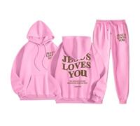 Survêtement confortable et décontracté pour femme - Avec capuche - Taille élastique - Deux pièces - Sportif - Minimaliste - Inscription - Poches latérales - Tenue de loisirs - Coupe droite - Pour la