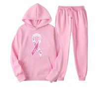 Survêtement de sport 2 pièces pour femme à capuche confortable pour l'automne - Ensemble sweat de voyage graphique avec capuche et pantalon de survêtement pour la sensibilisation au cancer du sein