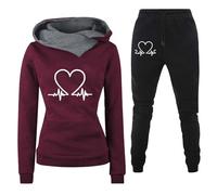Survêtement de sport pour femme - Couleur unie - Imprimé cœur - Stretch - Confortable - Sweat à capuche et coupe étroite - Pantalon d'entraînement 2 pièces - Pour l'extérieur - Course à pied