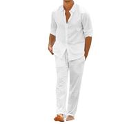 Survêtement de sport pour homme veste pantalon ensemble tendance pour homme été respirant deux costume respirant chemise à manches roulées pantalon ensemble de smoking en laine pour homme, blanc, XL