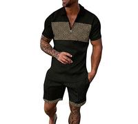 Survêtement d'été court pour homme - 2 pièces - Tenue de sport courte - T-shirt à manches courtes + short - Survêtement de loisirs pour homme - Polo d'affaires - Pantalon de sport léger, Noir , XL