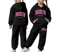 Survêtement Enfant Fille Ensemble de Sport 2 Pièces Sweat à Capuche et Pantalons Jogging Tenues Sweat Suit Casual Lettre Imprimés Tendance Unisex Costume Jogging de Loisirs (02 Black, 10-11 Years)