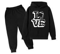 Survetement Enfant Garcon 3 14 Ans Rugby Sport Sweats à Capuche garçon Manche Longue Pull Fille ado avec Texte Automne Jogging Pantalon Ensembles Fille Decontracte Mode Printemps (Black, 11-12 Ans)