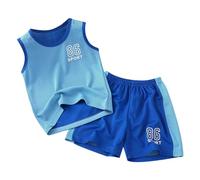 Survetement Enfant Garcon ete 2-12 Ans Ensemble Foot Sport ado Garcon Leger Doux Respirant Debardeur Garcon uni Filet Tee Shirt sans Manches et Short Garcon Decontracte (Blue, 4-5 Ans)