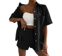 Survetement Femme Ensemble- Ensemble Deux PièCes Short Et Chemise Unis Coupe DéContractéE Et éLéGante Chemise à Revers Tailleur Slim Sexy