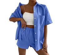 Survetement Femme Ensemble- Ensemble Deux PièCes Short Et Chemise Unis Coupe DéContractéE Et éLéGante Chemise à Revers Tailleur Slim Sexy