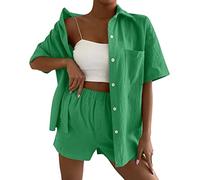 Survetement Femme Ensemble- Ensemble Deux PièCes Short Et Chemise Unis Coupe DéContractéE Et éLéGante Chemise à Revers Tailleur Slim Sexy