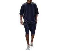 Survêtement Homme Costume Sport D’Été 2 Pièces Polo D’Affaires Set T-Shirts À Manches Courtes Pantalon Court Costume Décontracté Couleur Unie T-Shirt D’Été Hommes F-Navy XXL