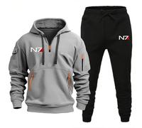 Survêtement Homme Ensemble Complet, Sweat À Capuche Et Pantalon Jogging Pour Mass Effect N7, Haut À Manches Longues 1/4 Zip Avec Poche Kangourou Pour Automne Hiver,Grey2-s