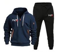 Survêtement Homme Ensemble Complet, Sweat À Capuche Et Pantalon Jogging Pour Mass Effect N7, Haut À Manches Longues 1/4 Zip Avec Poche Kangourou Pour Automne Hiver,Blue2-x_l