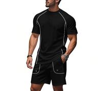Survêtement Homme Sport Mode Décontractée Manches Courtes T-Shirts Et Shorts Ensemble De 2 Pièces Fitness Confortable Respirable Sportshirt Coupe Régulière Jogging T-Shirt B-Black M