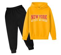 Survêtement New York pour enfant garçon et fille - Ensemble 2 pièces - Sweat à capuche chaud et pantalon de jogging - Tenue de sport - Survêtement de loisirs baggy classique, jaune, 13-14 ans