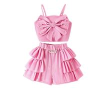 Survêtement pour enfant fille - Été - Couleur unie - Bretelles sans manches - Nœud papillon - T-shirt et short en dentelle stretch - 2 pièces - Tenue pour nouveau-né et garçon, rouge, 5-6 ans