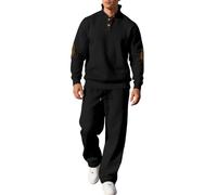 Survêtement pour homme avec boutons rayés, coudières, jambes droites et cordon de serrage pour homme, ensemble complet 2 pièces, sweat-shirt ample et pantalon de jogging, Noir , XXL