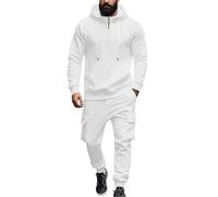 Survêtement pour homme avec cordon de serrage - Ensemble complet - Pull à fermeture éclair 1/4 et pantalon de survêtement - Couleur unie - Sweat à capuche et pantalon de survêtement décontracté, blanc