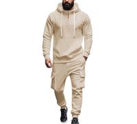 Survêtement pour homme avec cordon de serrage - Ensemble complet - Pull à fermeture éclair 1/4 et pantalon de survêtement - Couleur unie - Sweat à capuche et pantalon de survêtement décontracté, beige