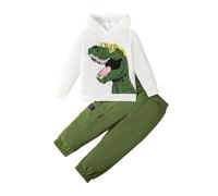 Survêtement pour petit garçon - Imprimé dinosaure - Manches longues - Sweat à capuche - Taille élastique - Pantalon cargo - 2 pièces - Automne et hiver, blanc/vert, 5 ans